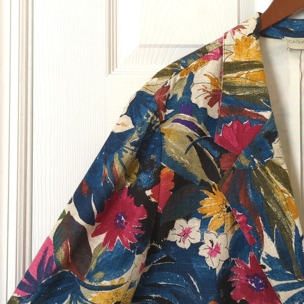 Casual Corner 80's Vintage Floral Lightweight Linen Blend Boxy Blazer Jacket L - Picture 4 of 12